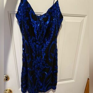 Black Homecoming/Prom Dress with Blue design, fitted